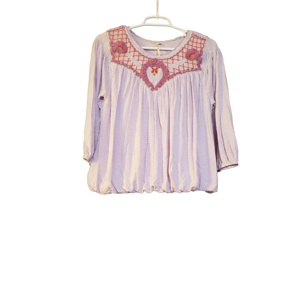 Free People Begonia Top Women's M Lilac‎ Embroidered Blouse Lavender Cottagecore